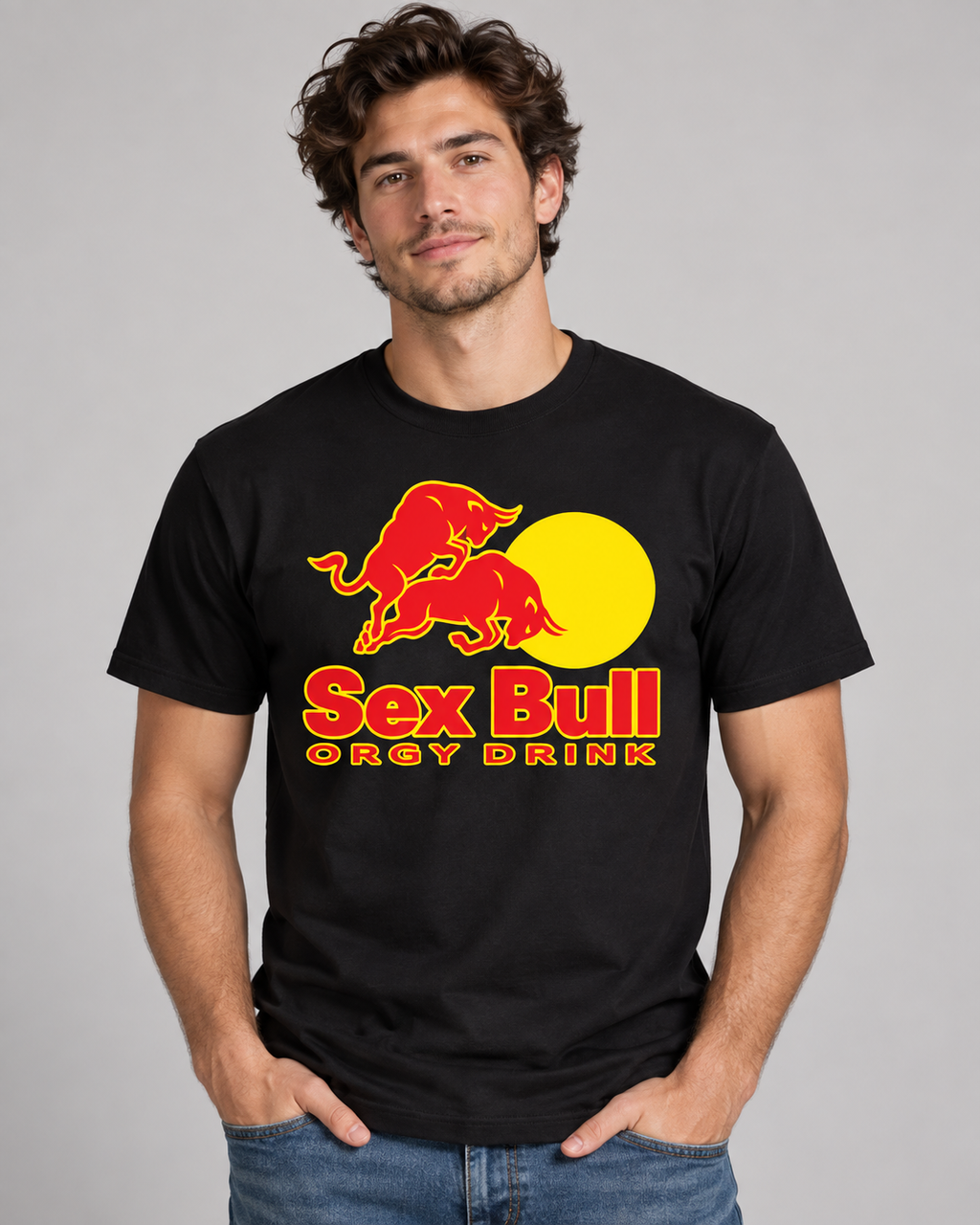 Koszulka męska Sex Bull Orgy Drink  czarna | zabawny nadruk | imprezowy T-shirt